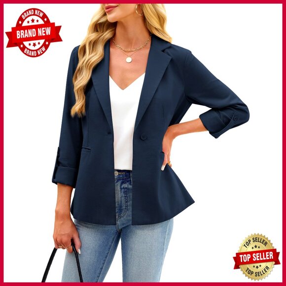 Jackets & Blazers - Linen Cotton Blazer Full Lining Rolled Sleeve Open Front Work Office Jacket